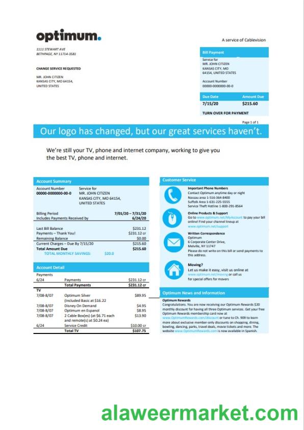 USA New York Optimum cablevision bill template in Word and PDF format